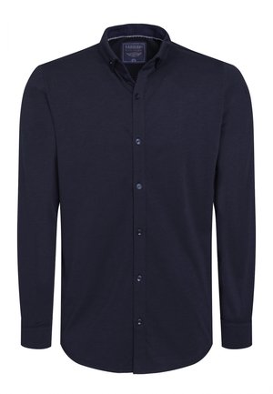 Navy blue long-sleeve shirt made of smooth fabric, featuring a button-down collar, front button placket, and a curved hem.