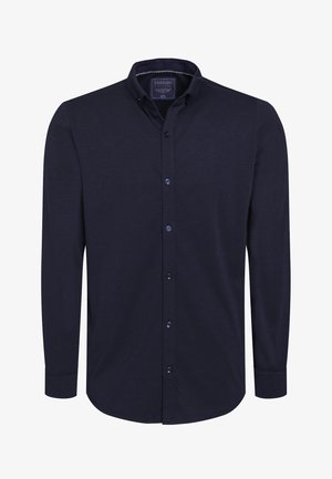 Marineblauwe langarmshirt van gladde stof, met een button-down kraag, een knopenlijst aan de voorkant en een afgeronde zoom.