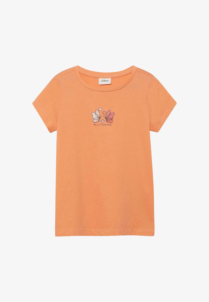 T-shirt orange à manches courtes avec col rond, ornée de deux papillons brodés et de petites fleurs au-dessus du texte "HELLO BEAUTIFUL".