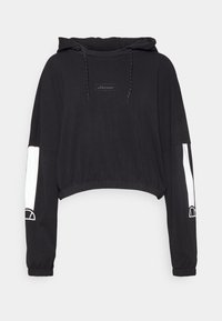 Felpa nera corta in cotone con cappuccio regolabile, caratterizzata da accenti bianchi sulle maniche e un logo sul petto.