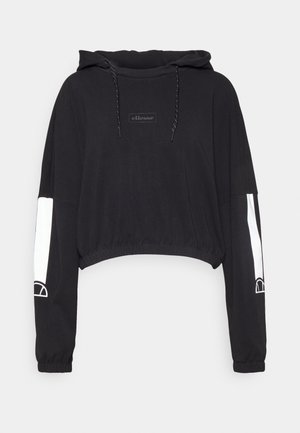 Zwarte cropped hoodie van katoen met een trekkoordkap, voorzien van witte accenten op de mouwen en een logo op de borst.