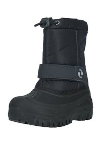 Botte isolante noire avec une tige en nylon matelassé, semelle en caoutchouc, cordon de serrage réglable au col et une sangle en tissu autour de la cheville.