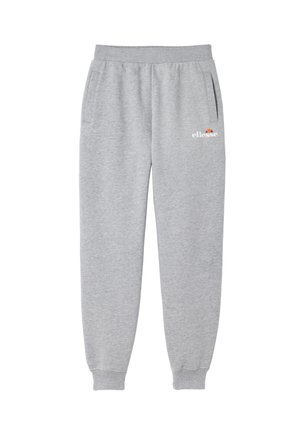 Pantalones deportivos de color gris claro con cintura y puños elásticos, bolsillos laterales y un pequeño logo "ellesse" en blanco y naranja en el muslo derecho.
