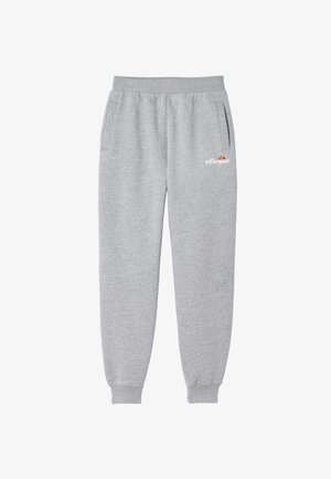 Pantalones deportivos de color gris claro con cintura y puños elásticos, bolsillos laterales y un pequeño logo "ellesse" en blanco y naranja en el muslo derecho.