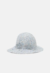 Blomster-bucket hat i blå, hvid og gul. Blødt stof med mønstret tekstur og bred skygge. Rund krone med flad top.