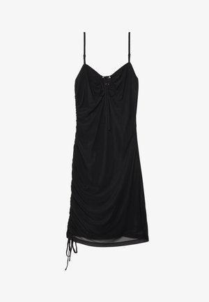 Black sleeveless dress with adjustable spaghetti straps, ruched bodice, and drawstring hem. Soft, smooth fabric, casual design.