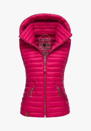Pink padded vest with a high collar, two zippered side pockets, and a full front zipper. Features horizontal stitching and logo tag.
