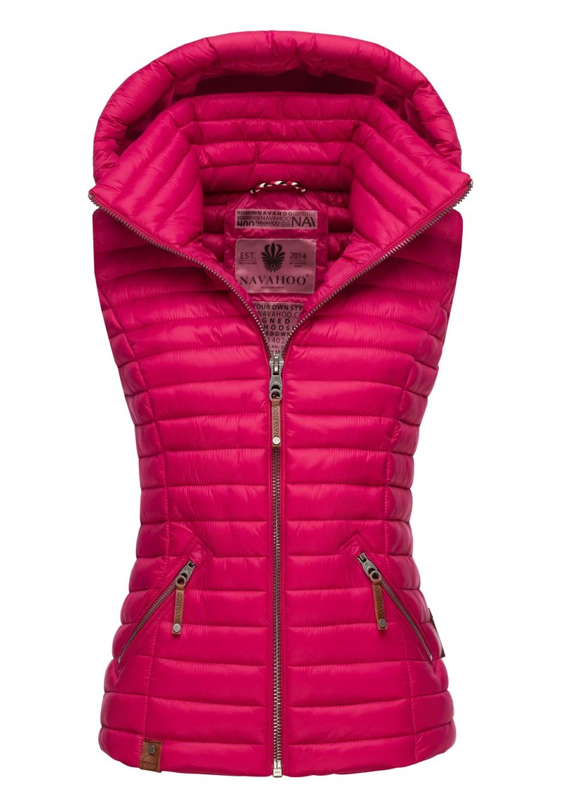 Roze gewatteerde vest met een hoge kraag, twee met rits gesloten zijzakken en een volledige rits aan de voorkant. Kenmerkt zich door horizontale stiksels en een logo-label.