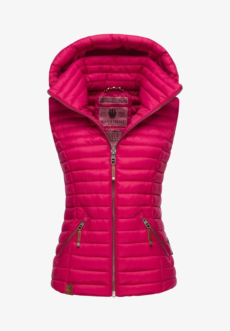 Pink padded vest with a high collar, two zippered side pockets, and a full front zipper. Features horizontal stitching and logo tag.