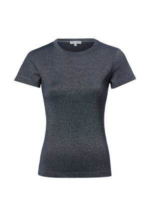 Dopasowany, krótkorękawowy, ciemnoszary dzianinowy T-shirt z okrągłym dekoltem i delikatnym połyskiem materiału, rozmiar mały, bez widocznych logotypów ani wzorów.