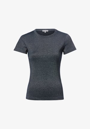 Short-sleeve fitted dark gray knit T-shirt with crew neck and slight shimmer fabric, size small, no visible logos or patterns.
