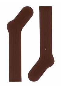 Calzini marroni a coste con un design curvo per il tallone e un bordo superiore dritto, realizzati in un tessuto morbido con un piccolo accento metallico.
