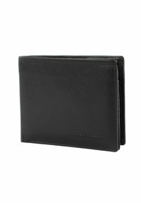 Black leather wallet with a smooth texture, bi-fold design, and embossed logo on the front. Features card slots and compartments inside.
