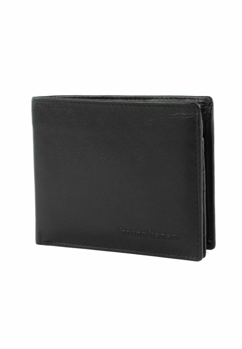 Black leather wallet with a smooth texture, bi-fold design, and embossed logo on the front. Features card slots and compartments inside.