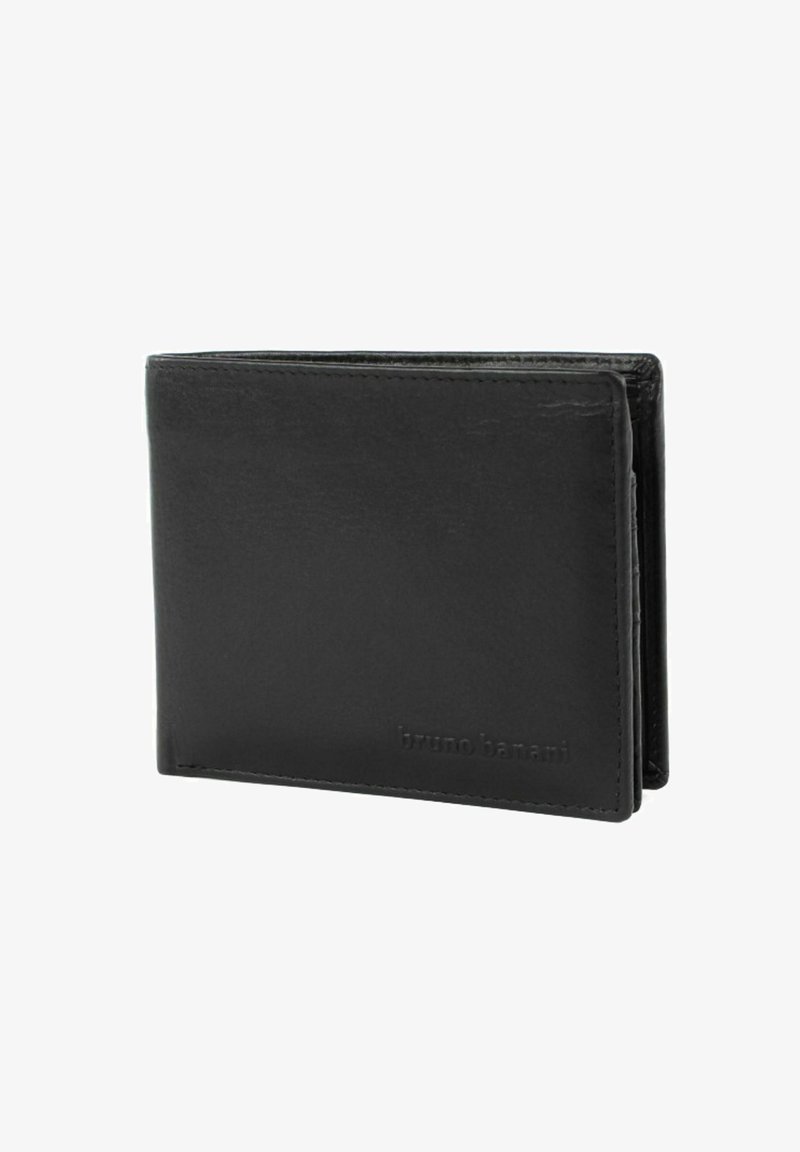 Black leather wallet with a smooth texture, bi-fold design, and embossed logo on the front. Features card slots and compartments inside.