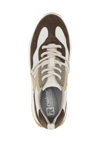 Brown and white sneaker with suede and mesh upper, beige accents, round toe, flat laces, and textured rubber sole. Features logo on insole.