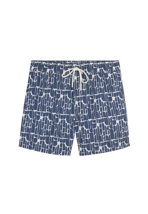 Bañador corto azul marino para hombre con patrón geométrico abstracto blanco y cordón blanco en la cinturilla elástica.