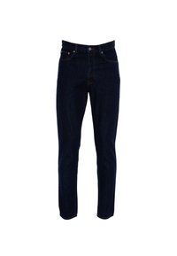 Jeans de mezclilla azul oscuro con corte recto. Cuenta con cinco bolsillos, costuras en contraste y una cinturilla estándar con cierre de botón.