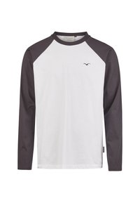 Langärmliges Shirt mit weißem Körper und dunkelgrauen Raglanärmeln, rundem Ausschnitt, weichem Baumwollmaterial und kleinem Logo auf der Brust.