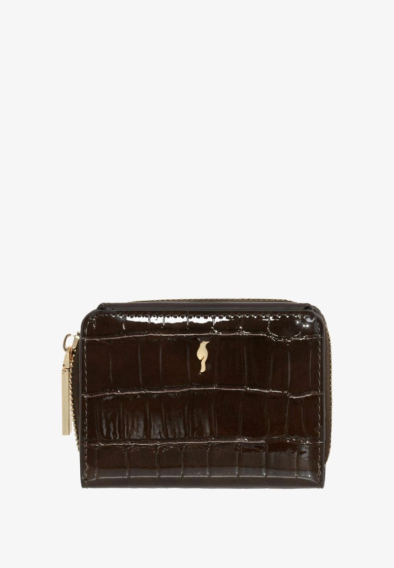 Lśniący, ciemnobrunatny portfel w wzór krokodyla z złotym suwakiem i małym, złotym dekoracyjnym emblematem z przodu.