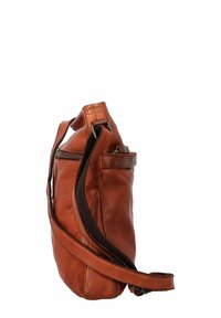 Borsa a tracolla in pelle marrone con tracolla regolabile, tasca con zip e superficie morbida, mostrata da una vista laterale su sfondo bianco.