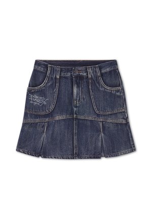 Denim mininederdel med forlommer, bæltestropper, knaplukning, syninger i folder og hvidt broderet tekst på venstre lomme.
