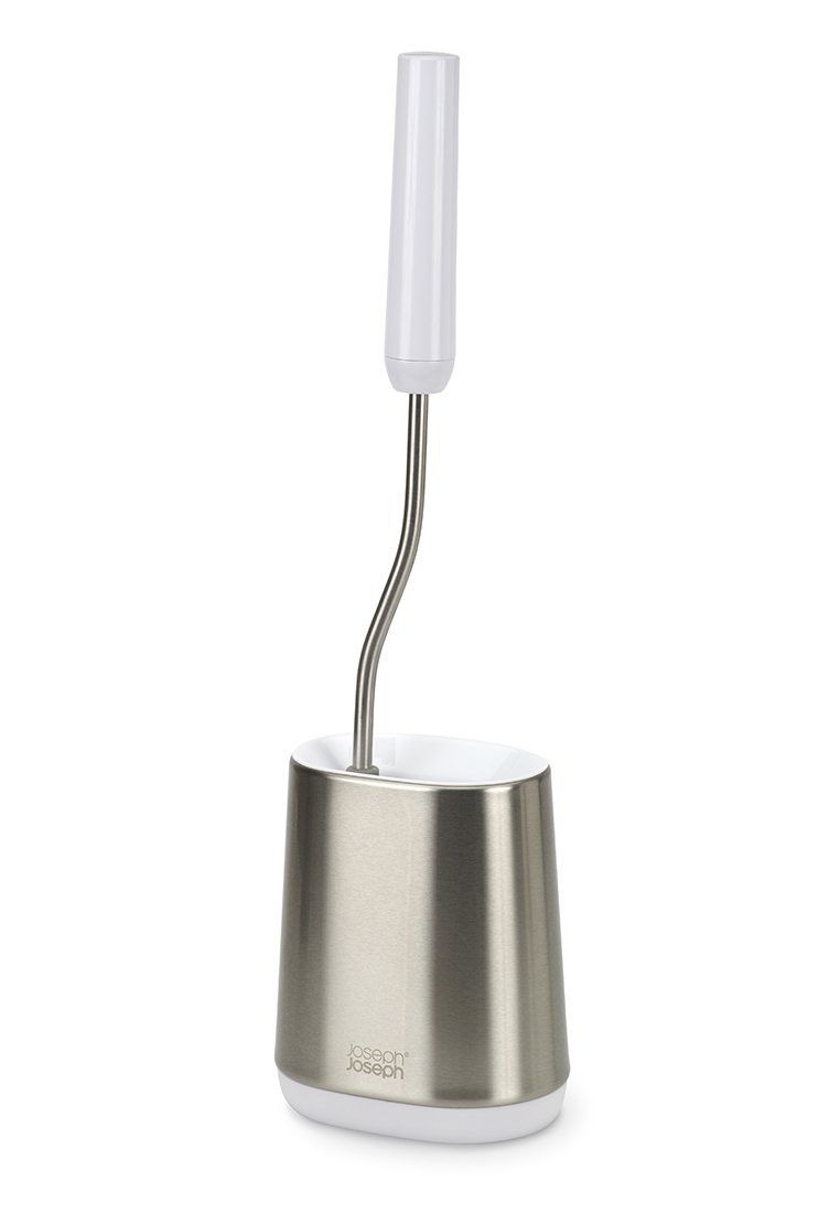 Toilettenbürstenhalter aus Edelstahl mit einem weißen Sockel, gewinkeltem Griff und modernem, schlankem Design. Glatte Oberfläche und minimalistischer Stil.