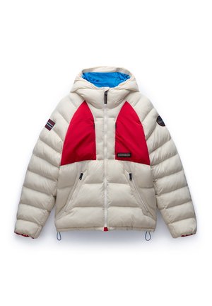 Giacca imbottita color crema, con pannelli triangolari rossi brillanti, fodera interna blu, tasche a zip doppie e coulisse elastiche all'orlo.