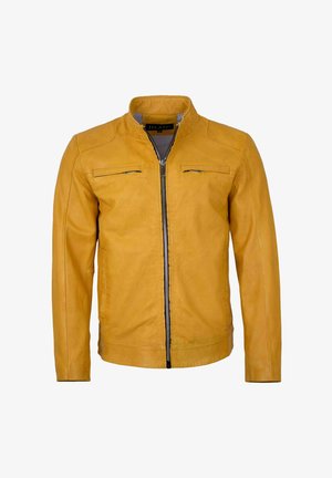 Gelbe Lederjacke mit Stehkragen, zwei Reißverschlusstaschen und einem Reißverschluss vorne. Glatte Textur und taillierte Form.