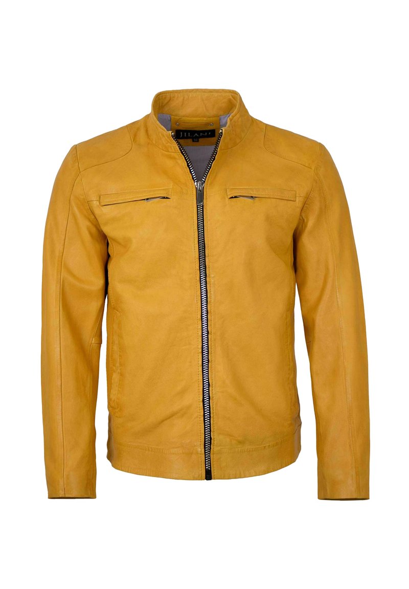 Gelbe Lederjacke mit Stehkragen, zwei Reißverschlusstaschen und einem Reißverschluss vorne. Glatte Textur und taillierte Form.