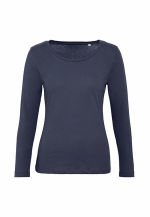 T-shirt a maniche lunghe di colore blu navy, realizzato in un tessuto morbido. Presenta un collo rotondo e un design aderente con dettagli di cucitura minimi.