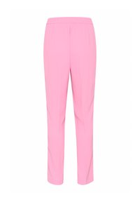 Pantaloni rosa con cintura elastica, gambe affusolate e una texture liscia. Presentano linee pulite e nessuna tasca o dettaglio visibile.