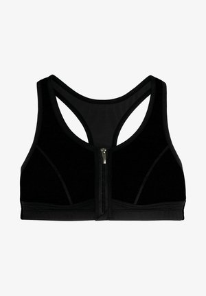 Čierna športová podprsenka so zapínaním na zips vpredu, dizajnom s prekrížením na chrbte a kontrastnými textúrami látky. Obsahuje posilnené švy a hladký elastický pás.