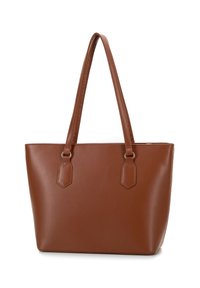 Bruine leren totebag met dubbele handvatten, een gladde textuur en hoekige zijkanten. Voorzien van zeshoekige accenten op de bevestigingen van de handvatten.