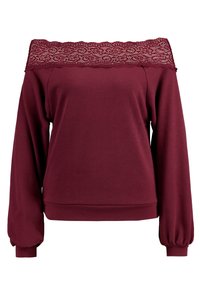 Sudadera burdeos sin hombros con cuerpo de encaje. Presenta mangas largas con puños fruncidos y una tela suave y texturizada.