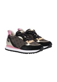 Sneaker nere e oro con accenti rosa, caratterizzate da una tomaia decorata, materiali in suede e sintetici, e una suola bianca con battistrada testurizzato.