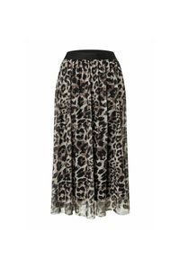 Maxi nederdel med leopardmønster og sort elastisk talje, lavet af letvægtigt stof, med en luftig tekstur og et plisseret design.