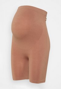 Těhotenské kraťasy ve měkké, elastické hnědé tkanině. Střední pas s hladkým povrchem a přiléhavým designem, sahající do půlky stehna.