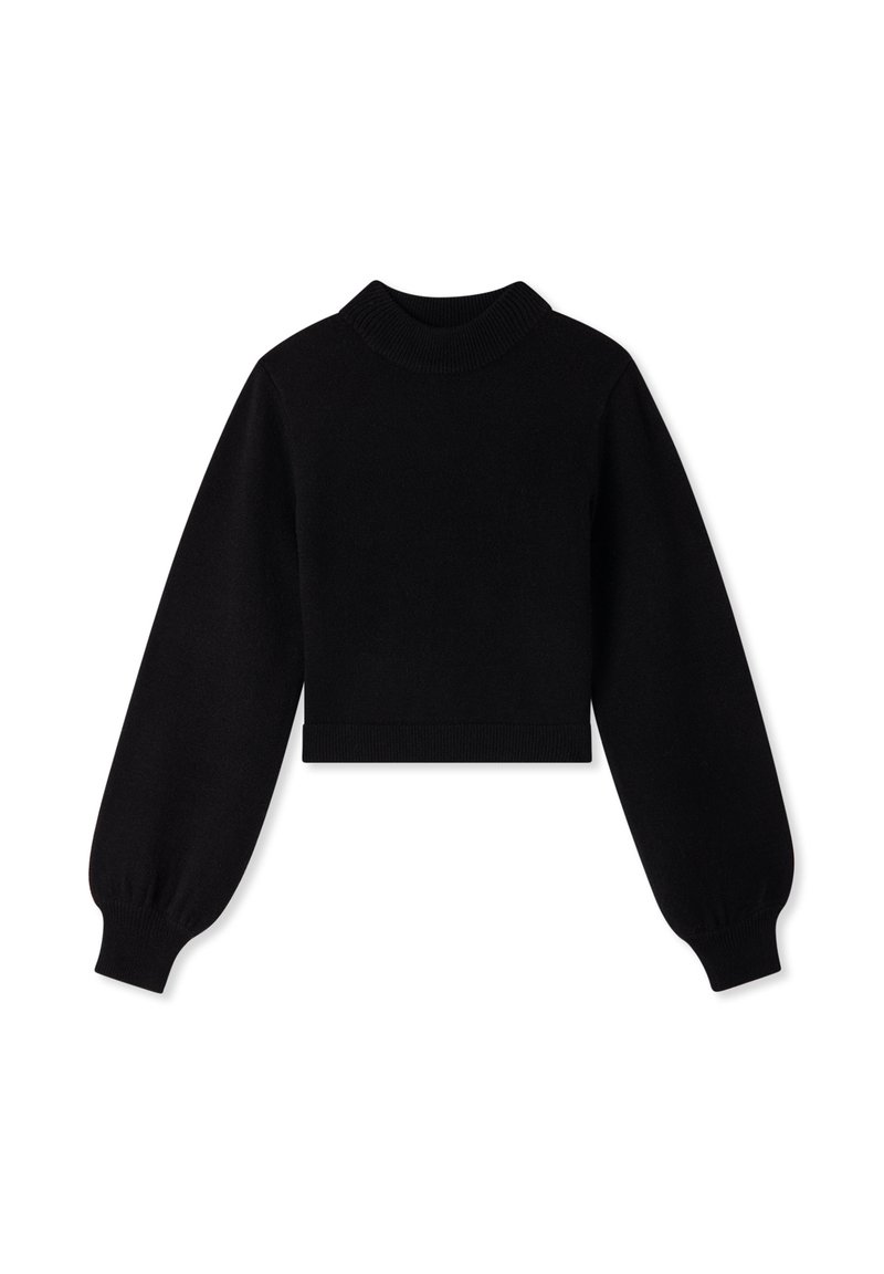 Czarny krótki sweter z prążkowanym okrągłym dekoltem, długimi bufkami i teksturowanym dzianinowym materiałem. Prosta, gładka powierzchnia bez wzorów.
