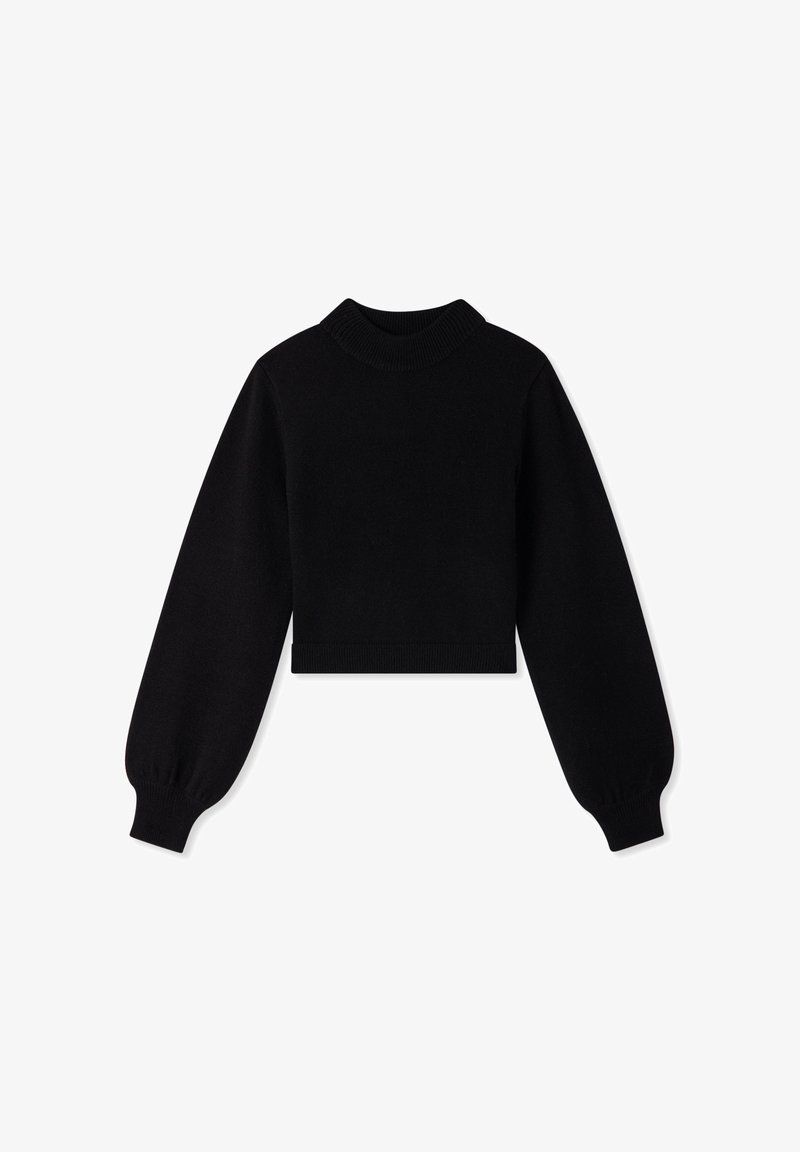 Maglione nero corto con collo a girocollo a coste, maniche lunghe a sbuffo e un tessuto lavorato a maglia testurizzato. Superficie semplice e continua senza motivi.