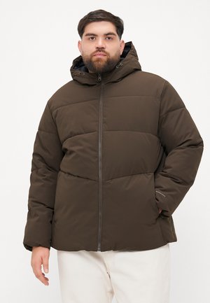Brown puffer jacket with a hood, featuring a zip front, quilted design, and side pockets. Smooth texture with a relaxed fit.