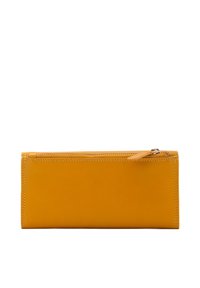 Yellow leather wallet with a smooth texture, rectangular shape, and a zip closure. Features neat stitching and a small leather zipper pull.