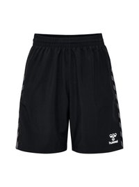 Svarta sportshorts med elastisk midja, med sidostripes och en vit logotyp längst ner till höger. Lätt tyg och lös passform.