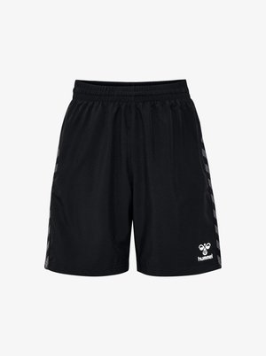 Schwarze Sportshorts mit einem elastischen Bund, ausgestattet mit seitlichen Streifen und einem weißen Logo auf der unteren rechten Seite. Leichter Stoff und lockere Passform.