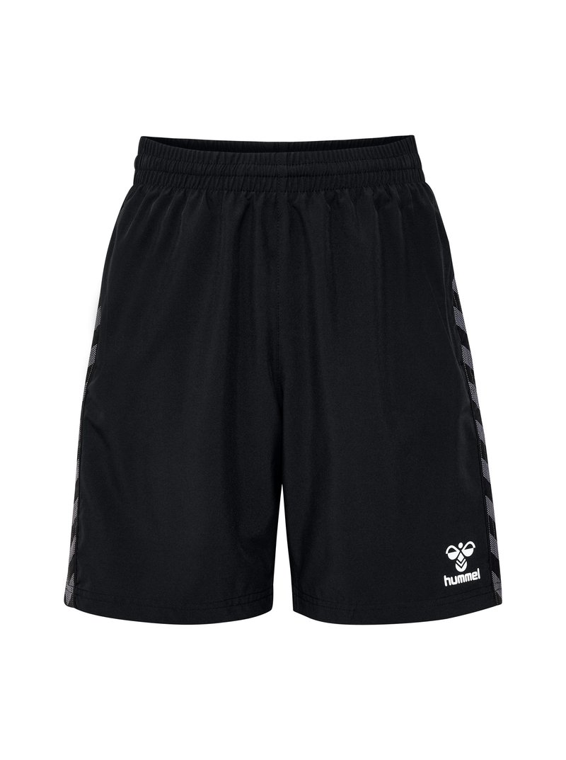 Svarta sportshorts med elastisk midja, med sidostripes och en vit logotyp längst ner till höger. Lätt tyg och lös passform.