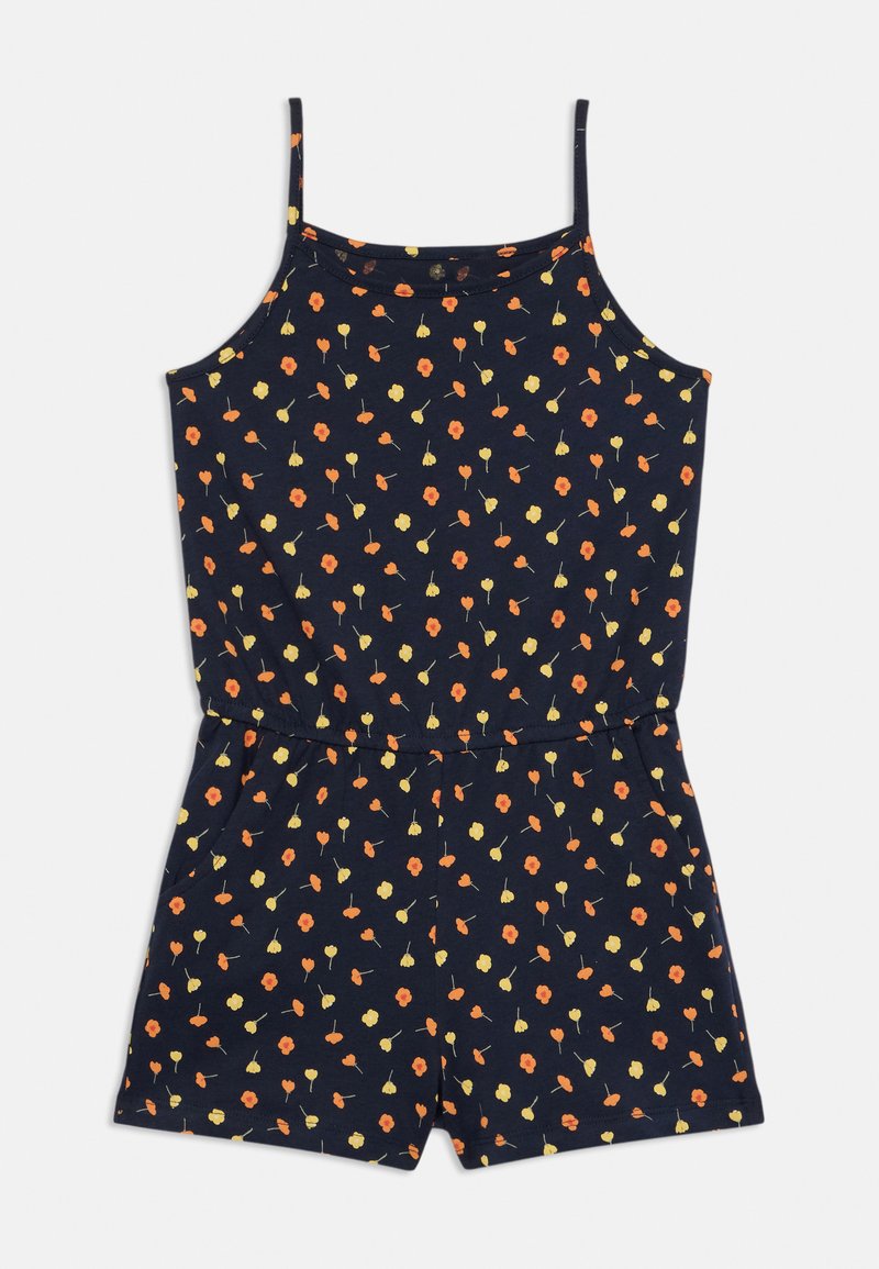 Mono azul marino con tirantes finos, con un estampado floral en naranja, amarillo y verde. Tejido de algodón suave, cintura elástica, diseño de pantalones cortos.