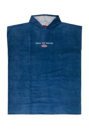 Poncho serviette à capuche bleu avec le texte « KNOW THE FEELING » et un logo vague brodés au centre devant.