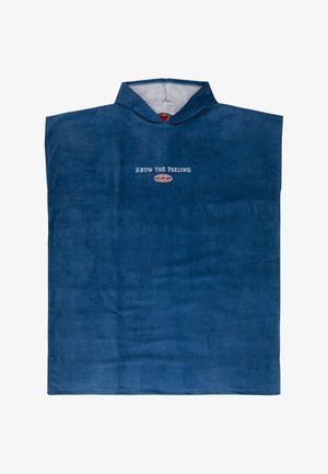 Plavi ručnik pončo s kapuljačom, s izvezenim tekstom "KNOW THE FEELING" i valnim logotipom u sredini sprijeda.