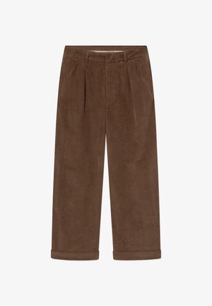 Pantalones anchos de pana marrón con dobladillos doblados, pliegues frontales, trabillas para cinturón y bolsillos laterales.