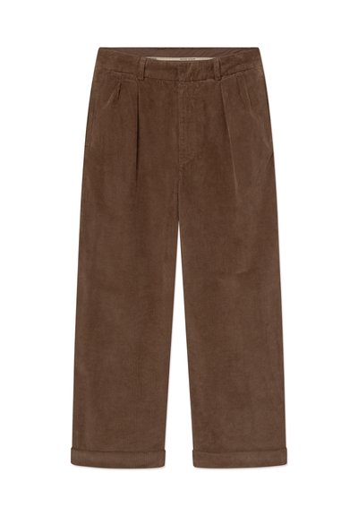 Brown corduroy wide-leg trousers with cuffed hems, front pleats, belt loops, and side pockets.